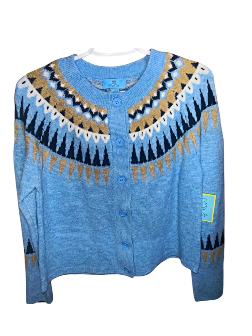 CeCe Fair Isle Long Sleeve Button-Front Cardigan in "Blue Heather" - NWT- Size S